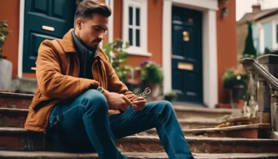 can I pick my own lock. A frustrated person sitting on the steps outside their home holding a bent paperclip or DIY tool