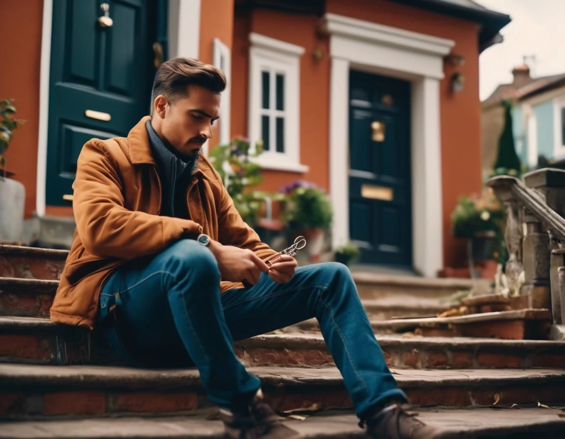can I pick my own lock. A frustrated person sitting on the steps outside their home holding a bent paperclip or DIY tool