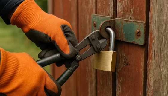cut padlock without key. A close-up of a locksmith using bolt cutters or a rotary tool to remove a padlock from a shed or locker, with safety gloves and daylight