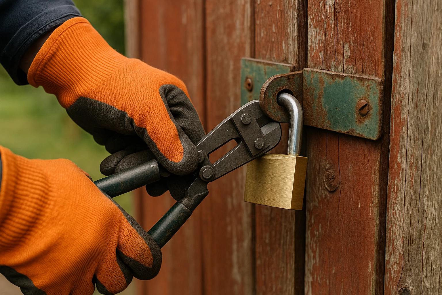 cut padlock without key. A close-up of a locksmith using bolt cutters or a rotary tool to remove a padlock from a shed or locker, with safety gloves and daylight