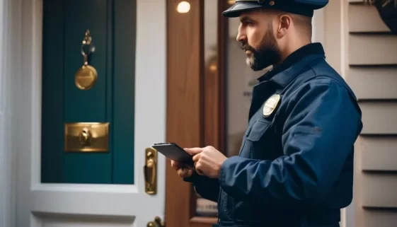do locksmiths ask for ID. A locksmith in uniform politely checking a homeowner’s ID at the door, both visible, during daytime, with a van marked “Locksmith” in the background