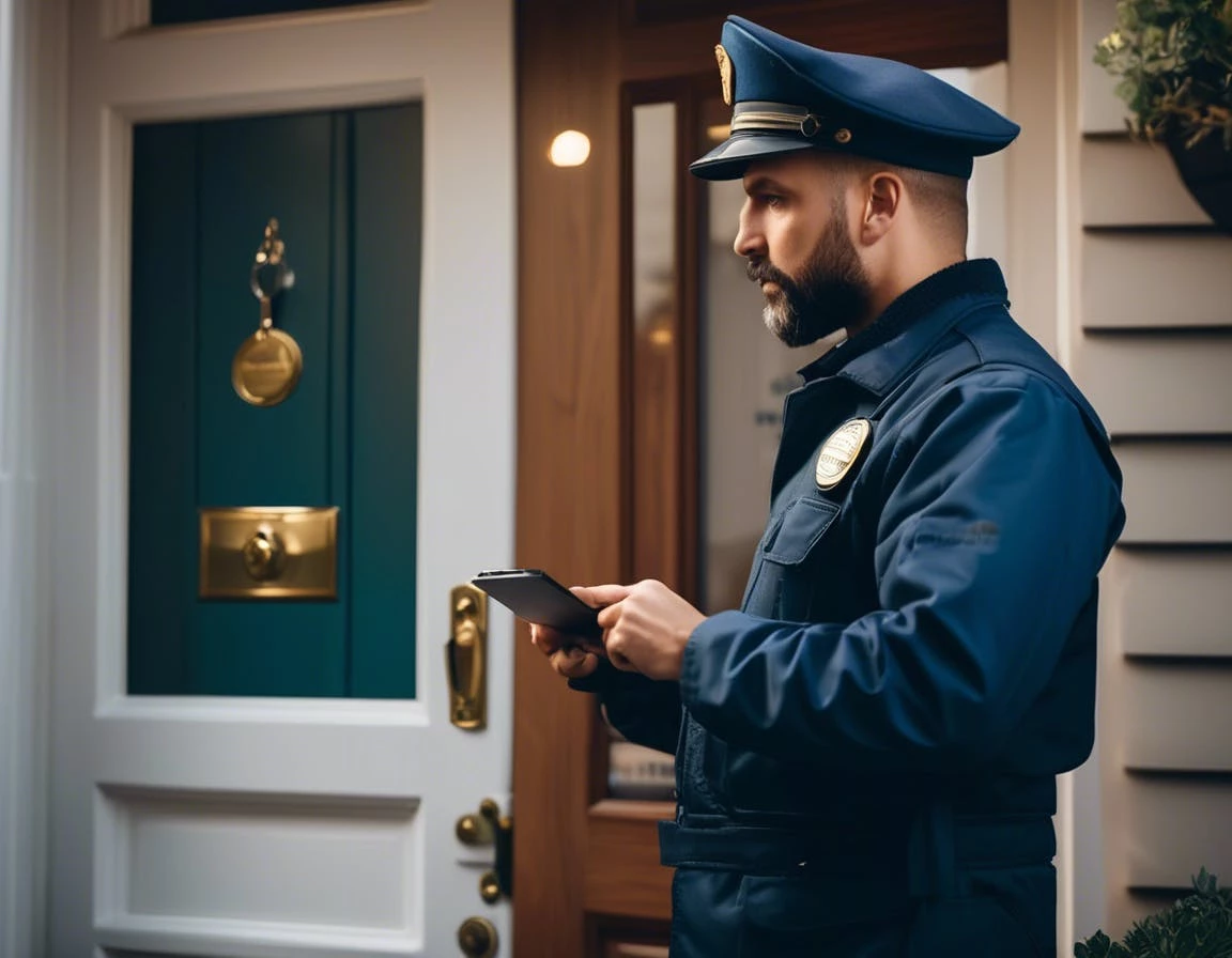 do locksmiths ask for ID. A locksmith in uniform politely checking a homeowner’s ID at the door, both visible, during daytime, with a van marked “Locksmith” in the background