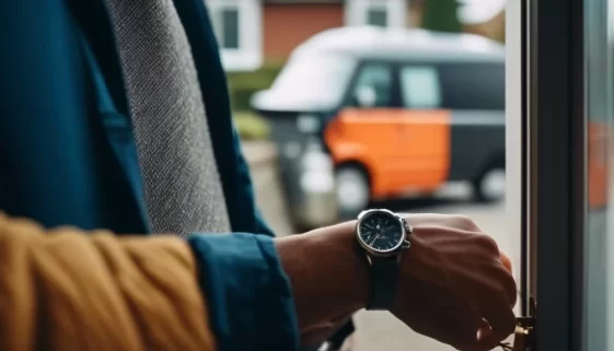 how long does a locksmith take. A person checking their watch while waiting outside a locked front door, daylight, suburban setting, with a locksmith van approaching in the background