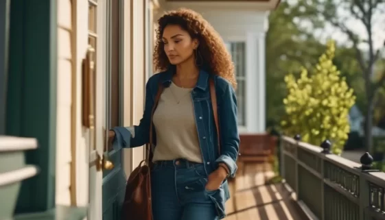 locked out of house what to do. A person standing on their front porch checking their pockets with a locked door behind them, slight look of worry, in daylight