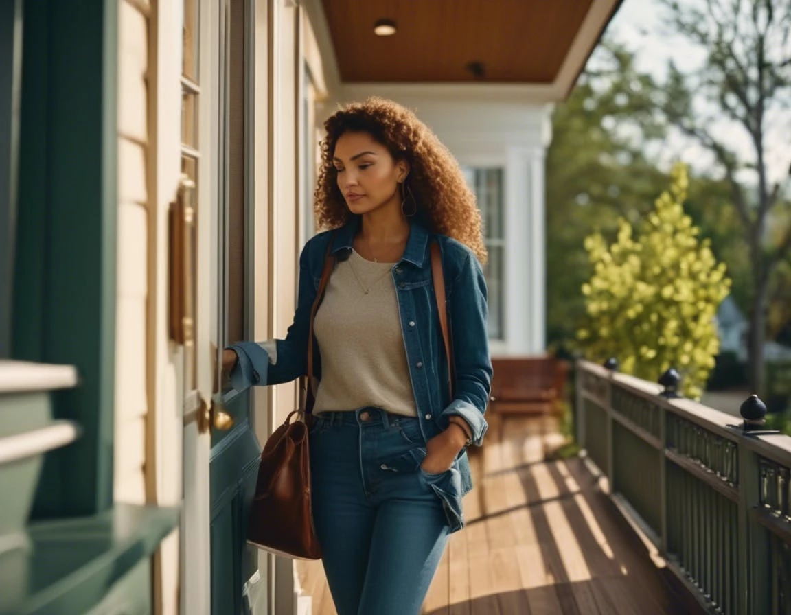 locked out of house what to do. A person standing on their front porch checking their pockets with a locked door behind them, slight look of worry, in daylight
