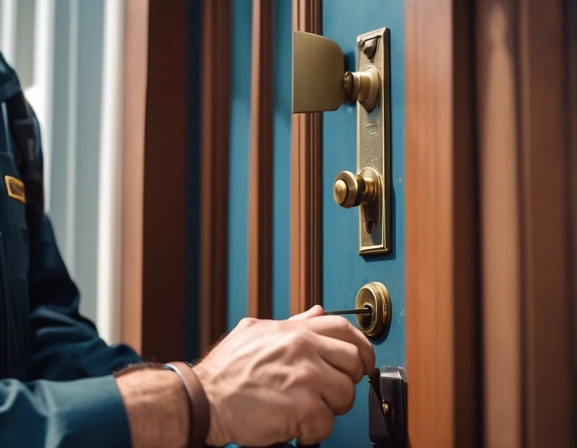 locksmith damage door. A locksmith kneeling at a front door using a professional pick set, showing care and precision, with no visible damage,