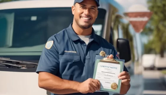 locksmith license. A professional locksmith holding a certification document or ID badge, standing next to a service van