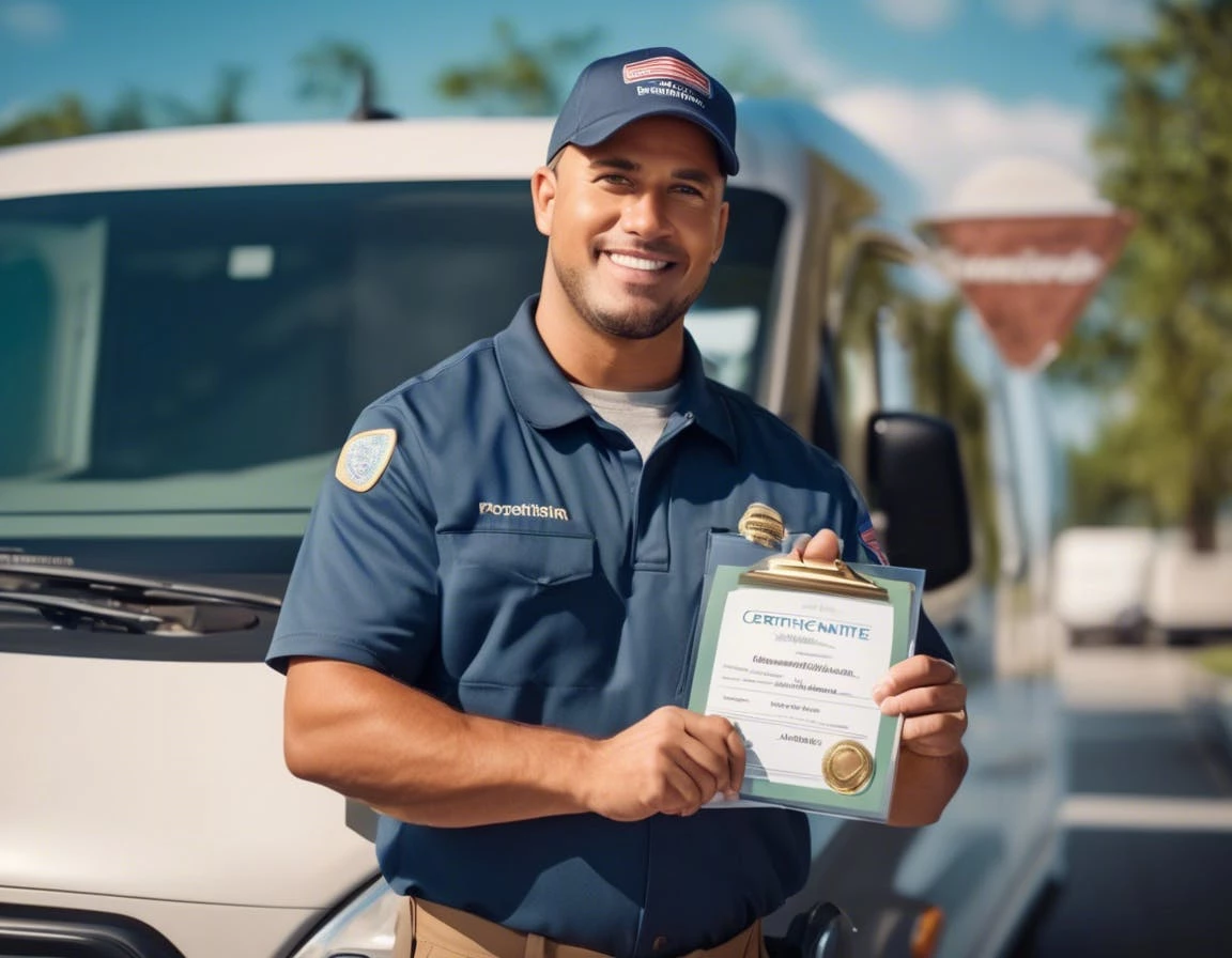 locksmith license. A professional locksmith holding a certification document or ID badge, standing next to a service van