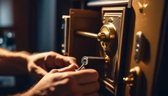 locksmith open safe. A locksmith working on a medium-sized home safe using precision tools, in a tidy living room or office, with the safe door slightly ajar