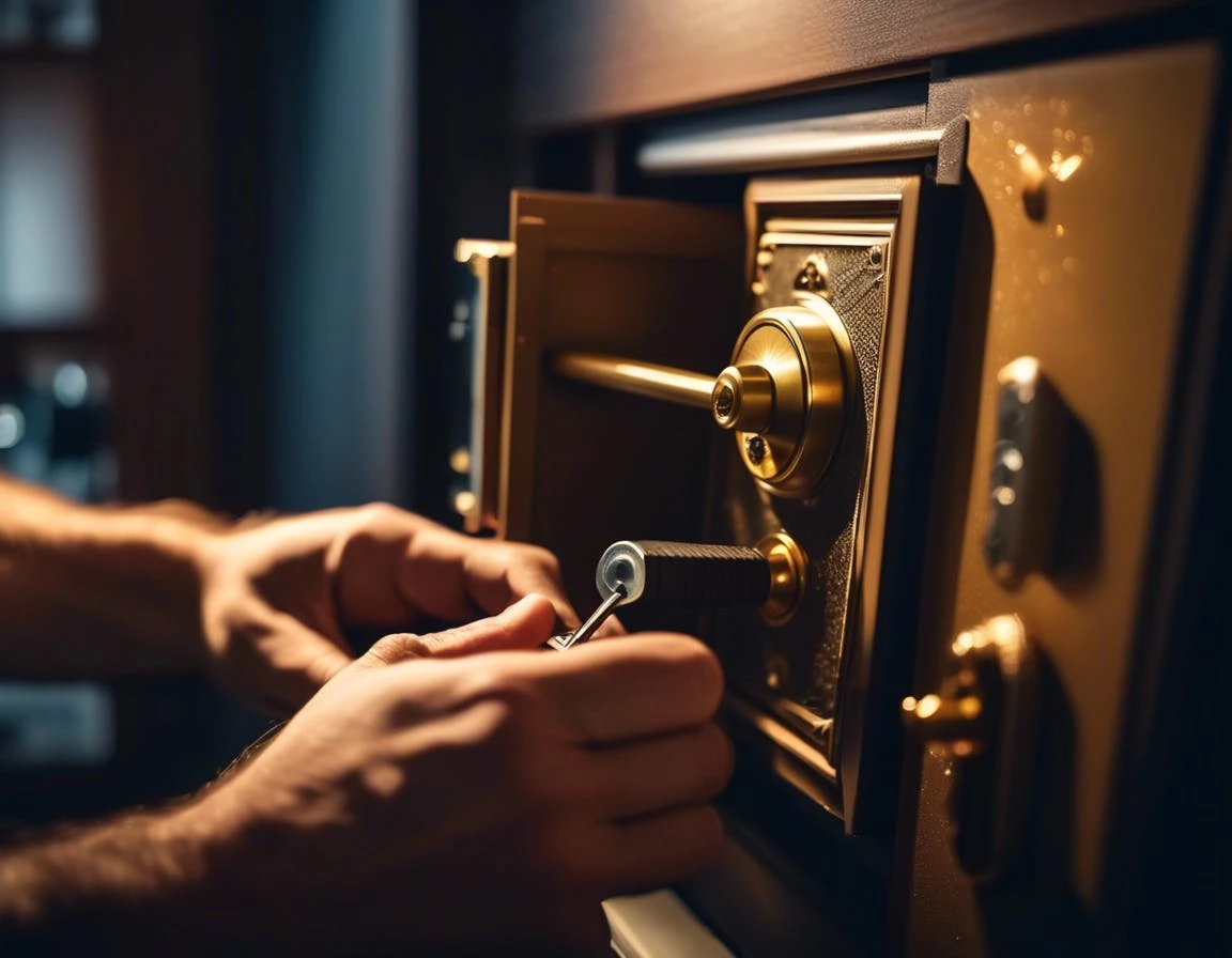 locksmith open safe. A locksmith working on a medium-sized home safe using precision tools, in a tidy living room or office, with the safe door slightly ajar