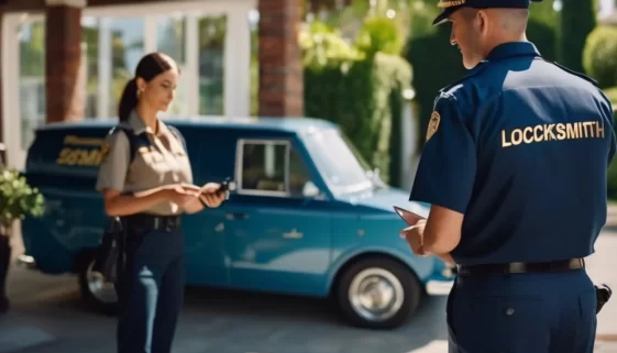 locksmith scam warning signs. A locksmith in uniform showing ID to a homeowner at the door, in daylight, with a van in the background marked “Locksmith”