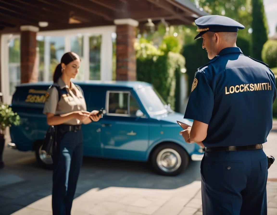 locksmith scam warning signs. A locksmith in uniform showing ID to a homeowner at the door, in daylight, with a van in the background marked “Locksmith”