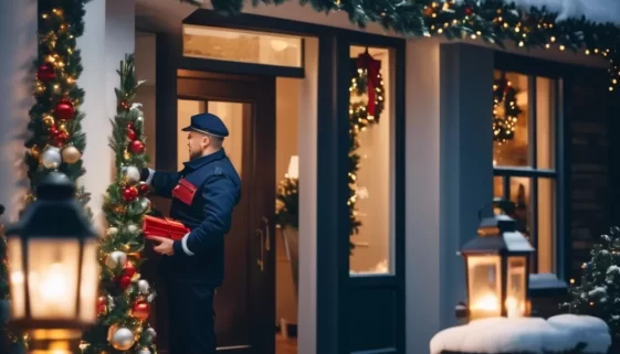 locksmiths open on holidays. A locksmith in uniform helping a customer on a snowy or festive holiday morning outside a house, with soft lighting and a wreath on the door