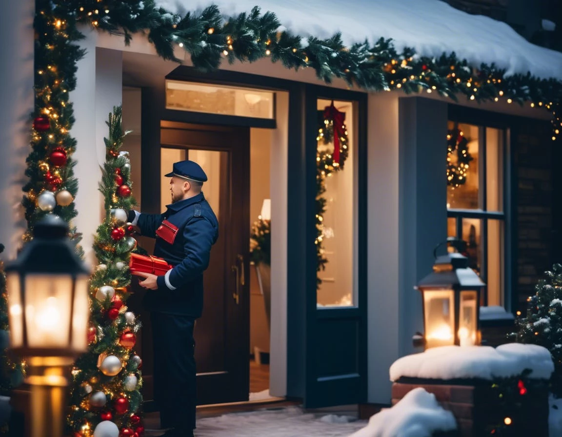 locksmiths open on holidays. A locksmith in uniform helping a customer on a snowy or festive holiday morning outside a house, with soft lighting and a wreath on the door