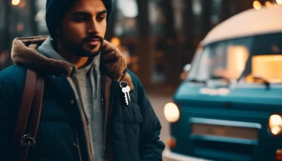lost car keys locksmith. A person standing next to a locked car looking worried, holding an empty keychain, with a locksmith van pulling up behind them