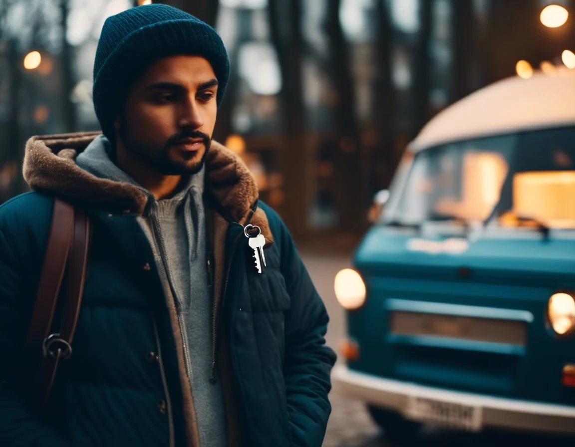 lost car keys locksmith. A person standing next to a locked car looking worried, holding an empty keychain, with a locksmith van pulling up behind them