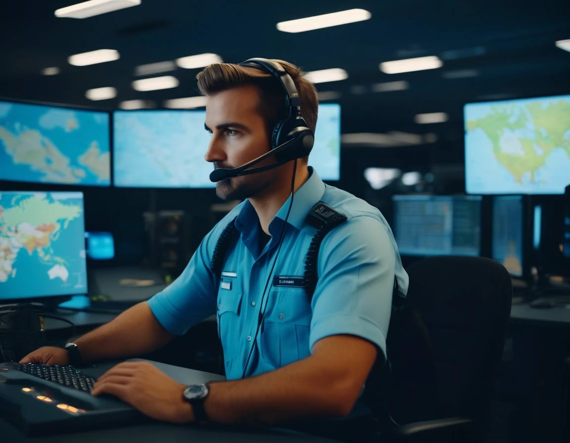 what happens when I call a locksmith? A dispatcher wearing a headset speaking on the phone in an office, with a digital map showing customer locations and vans en route